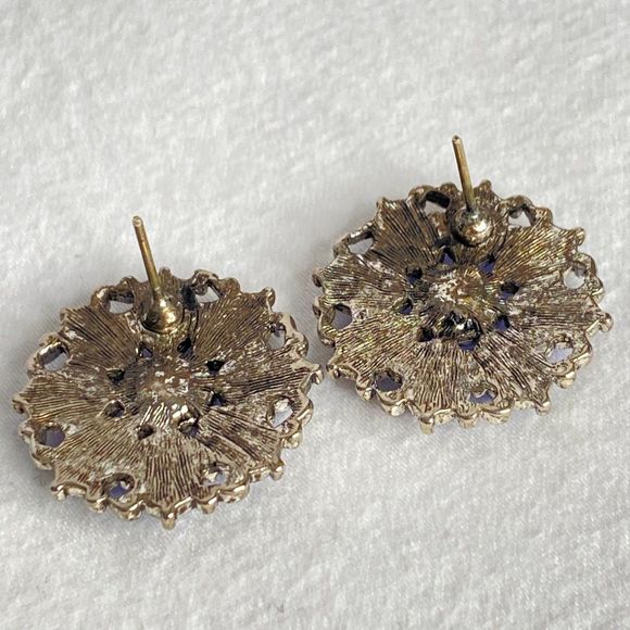 Button Stud Earrings Shades of Blue Purple Stones Oval Circling Aqua Round Stone - Picture 7 of 8